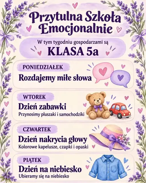 Klasa 5a gospodarzem Przytulnej Szkoły Emocjonalnie – tydzień pełen zabawy i kolorów